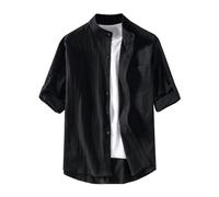 Mens Linen Shirts Short Sleeve Plain Summer Henley Shirts Solid Color Cotton Linen Shirts Lightweight Stand Collar Tops Button Down Casual Shirts with Pocket Black, White and Army Green