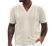 Mens Linen Shirts Short Sleeved Summer Regular Fit Cotton Shirt Button Down Hawaiian Holiday Tops Classic Button Basic Solid Color Designed Collared Tshirts Work Wear (Men's Casual Shirts Beige, XXL)