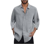 Men's Linen Shirts UK 3/4 Sleeve Button Down Shrink Free Regular Fit Solid Cotton Shirt Solid Color Lightweight Summer Beach Hawaiian Holiday Tee Tops Tshirts Clearance Gray