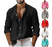 Men's Linen Shirts UK Long Sleeve Button Down Regular Fit Cotton Shirt Solid Color Lightweight Summer Beach Hawaiian Holiday Tee Tops Tshirts Clearance Plus Size S-3XL Black
