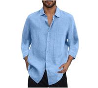 Men's Linen Shirts UK Sale 3/4 Sleeve Button Down Shrink Free Regular Fit Solid Cotton Shirt Solid Color Lightweight Summer Beach Hawaiian Holiday Tee Tops Tshirts Clearance