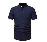 Mens Linen Shirts UK Sale Clearance Plain Henley Shirt Summer Cotton Linen Grandad Shirts Regular Fit Button Down Short Sleeve Beach Shirts Breathable Casual Stand Collar Tee Tops Navy