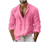 Men's Linen Shirts UK Sale Long Sleeve Button Down Regular Fit Cotton Shirt Solid Color Lightweight Summer Beach Hawaiian Holiday Tee Tops Tshirts Clearance Plus Size S-3XL Pink