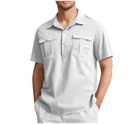Men's Linen Shirts UK Sale Short Sleeve 1/4 Button Down Polos Shirt Shrink Free Regular Fit Solid Cotton Plain Summer Beach Hawaiian Holiday Tee Tops Blouse Tshirts with Pockets Plus Size White