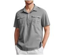 Men's Linen Shirts UK Short Sleeve 1/4 Button Down Polos Shirt Shrink Free Regular Fit Solid Cotton Plain Summer Beach Hawaiian Holiday Tee Tops Blouse Tshirts with Pockets Plus Size Gray