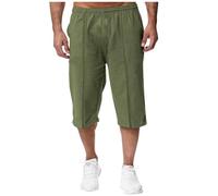 Mens Linen Shorts - 3/4 Length Shorts Men Casual Long Shorts Men's Three Quarter Trousers Summer Cargo Shorts Lightweight Lounge Elasticated Waist Drawstring Sweatpants with Pockets Army Green