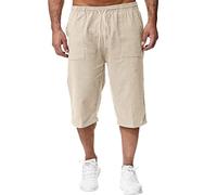 Mens Linen Shorts - 3/4 Length Shorts Men Loose Long Shorts Men's Three Quarter Trousers Summer Cargo Shorts Lightweight Lounge Elasticated Waist Drawstring Joggers with Pockets Khaki