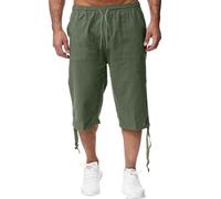 Mens Linen Shorts - 3/4 Length Shorts Men Loose Long Shorts Men's Three Quarter Trousers Summer Cargo Shorts Lightweight Lounge Elasticated Waist Drawstring Joggers with Pockets Army Green XXL
