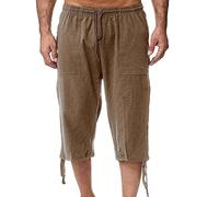 Mens Linen Shorts - 3/4 Length Shorts Men Relaxed Fit Long Shorts Men's Three Quarter Pants Beach Cargo Shorts Lightweight Lounge Elasticated Waist Drawstring Joggers with Pockets