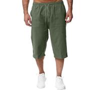 Mens Linen Shorts - 3/4 Length Shorts Men Relaxed Fit Long Shorts Men's Three Quarter Pants Beach Cargo Shorts Lightweight Lounge Elasticated Waist Drawstring Joggers with Pockets Green XL