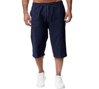 Mens Linen Shorts - 3/4 Length Shorts Men Relaxed Fit Long Shorts Men's Three Quarter Pants Beach Cargo Shorts Lightweight Lounge Elasticated Waist Drawstring Joggers with Pockets