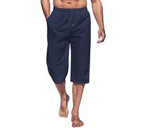 Men's Linen Shorts 3/4 Length Trousers Summer Trousers Bermuda Summer Three-Quarter Cargo Trousers Loose Summer Linen Trousers Short Jogging Bottoms Wide Leg Casual Trousers with Elastic Band Sporty