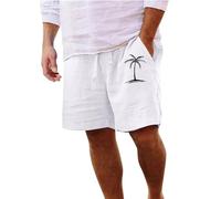 Men's Linen Shorts Hawaiian Tropical Graphic Track Shorts with Pocket Elastic Waist Drawstring Lightweight Summer Beach Boardshorts White