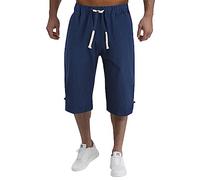 Mens Linen Shorts, Mens Capris Pants 3/4 Length Beach Shorts Summer Pool Capris Loose Elasticated Waist Three-Quarters Length Yoga Pants Lightweight Holiday Cropped Trousers Pockets (Navy, 5XL)