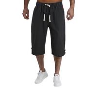 Mens Linen Shorts, Mens Capris Pants 3/4 Length Beach Shorts Summer Pool Capris Loose Elasticated Waist Three-Quarters Length Yoga Pants Lightweight Holiday Cropped Trousers Pockets (Black, XL)