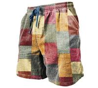 Mens Linen Shorts Novelty Colorful Patchwork Color Block Printed Shorts Summer Loose Holiday Casual Beach Shorts Elasticated Waist Drawstring Wide Leg Festival Cotton Pull On Walking Shorts