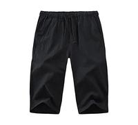 Mens Linen Shorts With Pockets，Cropped Trousers Men With Adjustable Drawstring Loose Fit Casual 3/4 Capri Pants With Elastic Waist Summer Stylish Lounge Shorts For For Jogging Everyday Life