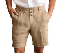 Mens Linen Slim Fit Shorts Mens Button Up Shorts Business Formal Short Classic Solid Color Short Breathable Beach Pants Wedding Party Half Pants Comfortable Simple Pant Golf Chino Outdoor Pant