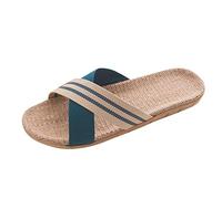 Mens Linen Slippers Mens Crossover Sliders Non-Slip Indoor Slippers Moisture Wicking Flax Slides Open Toe Mule Sandals Quick Dry Shower Slipper Textile Guest Slipper Summer Beach Sliders Blue