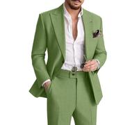 Mens Linen Suit 2 Piece Casual Suits for Men Summer Beach Groom Wedding Suit Linen Blazer Pants Set, Sage Green, S