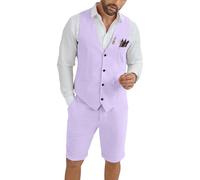 Mens Linen Suit 2 Piece Short Suits for Men Summer Wedding Beach Outfit, Lavender, XXL
