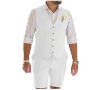 Men's Linen Suit 2 Pieces Prom Tuxedos Summer Beach Wedding Party Vest Short Pants（White,3XL）