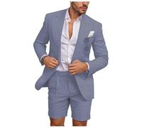 Mens Linen Suits 2 Piece One Button Blazer Shorts Set Slim Fit Spring Summer Outfits for Graduation Dusty Blue Size L