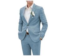 Mens Linen Suits Regular Fit 2 Piece Jacket Pants Two Button Notch Lapel Casual Tuxedo for Spring Dusty Blue Size L