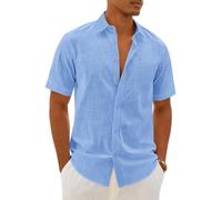 Mens Linen Textured Shirt Cotton Short Sleeve Summer Button Down Shirts | 100% Cotton, Linen-look Texture, Casual Wear, Breathable Feel, Lightweight, Untucked, Regular Fit, Beach, Vacation, Resort
