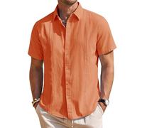 Mens Linen Textured Shirt Short Sleeve Button Down Cuban Guayabera Shirt, Bright Orange, Medium
