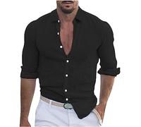 Men's Linen Tops Clearance Solid Button Down Long Sleeve Business Formal Dress Shirts Turn Down Blouses Summer Casual Loose Fit Tops Office Work Beach Shirts Comfortable Cotton Linen Top