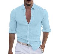 Men's Linen Tops Clearance Solid Button Down Long Sleeve Business Formal Dress Shirts Turn Down Blouses Summer Casual Loose Fit Tops Office Work Beach Shirts Comfortable Cotton Linen Top