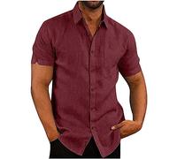 Men's Linen Tops Clearance UK Cotton Linen Shirts Solid Button Down Short Sleeved Turndown Tops Casual Office Business Shirt Summer Loose Comforty Lightweight Cardigan Blouses with Pocket