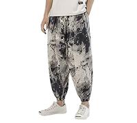 Mens Linen Trousers 3/4 Length Cotton Jogging Bottoms Summer Beach Pants with Pockets Comfortable Lightweight Pants Wide Leg Yoga Pants with Pockets Yoga Tracksuit Bottoms Dad Gift (Grey, L)