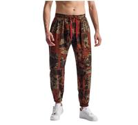 Mens Linen Trousers Baggy Hippy Trousers Casual Elastic Waist Fashion Patterned Hippie Harem Pants Loose Fit Cotton Printed Yoga Lounge Bottoms Lightweight Holiday Summer Beach Pants