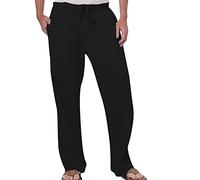 Mens Linen Trousers Casual Cotton Trouser Summer Beach Men Hippie Trousers Loose Fit Drawstring Trousers Cotton Linen Trouser Solid Trousers Loose Fit Mens Sweatpants Dad Gift (Black, M)