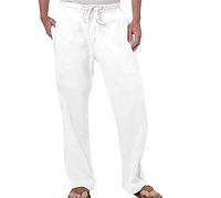 Mens Linen Trousers Casual Cotton Trouser Summer Beach Men Hippie Trousers Loose Fit Drawstring Trousers Cotton Linen Trouser Solid Trousers Loose Fit Mens Sweatpants Dad Gift (White, XXL)