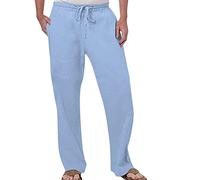 Mens Linen Trousers Casual Cotton Trouser Summer Beach Men Hippie Trousers Loose Fit Drawstring Trousers Cotton Linen Trouser Solid Trousers Loose Fit Mens Sweatpants Dad Gift (Light Blue, XXL)