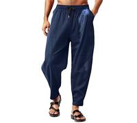Mens Linen Trousers Casual Smart Men Hippie Trousers Summer Beach Pants with Pockets Cotton Linen Trouser Solid Drawstring Trousers Loose Fit Summer Beach Pants Dad Gift (Dark Blue, XL)