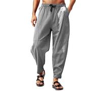 Mens Linen Trousers Casual Smart Men Hippie Trousers Summer Beach Pants with Pockets Cotton Linen Trouser Solid Drawstring Trousers Loose Fit Summer Beach Pants Dad Gift (Grey, 4XL)