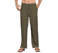 Mens Linen Trousers Casual Summer Beach Trouser Solid Color Loose Fit Stright Leg Pants Army Green L