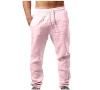 Mens Linen Trousers Casual Summer Regular Fit Pants Lightweight Elasticated Waist Summer Trouser Yoga Loose Fit Breathable Sweatpants Drawstring Baggy Pants with Pockets Outdoor Beach Pink