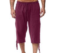 Mens Linen Trousers Classic Cotton Linen Capri Shorts for Men Lightweight Comfy 3/4 Length Linen Trousers Summer Loose Casual Beach Linen Shorts with Pockets Men's Elasticated Waist Casual Trousers