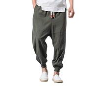 Mens Linen Trousers Cotton Harem Aladdin Genie Wide Crotch Pants Trousers Cuffed Joggers Casual Drawstring Pants Elasticated Waist Grey
