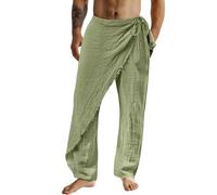 Mens Linen Trousers Elasticated Waist Side Lace Up Thai Fisherman Pants Loose Fit Breathable Lightweight Beach Yoga Pants Plain Basic Fisher Trousers Drawstring Home Sleep Pants Green