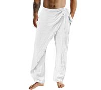 Mens Linen Trousers Elasticated Waist Side Lace Up Thai Fisherman Pants Loose Fit Breathable Lightweight Beach Yoga Pants Plain Basic Fisher Trousers Drawstring Home Sleep Pants White