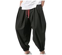 Men's Linen Trousers in Chinese Style, Lightweight Summer Trousers with Wide Leg, Kung Fu Trousers for Yoga and Leisure, Casual Tai Chi Trousers, 01-black, XXL