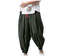 Men's Linen Trousers in Chinese Style, Lightweight Summer Trousers with Wide Leg, Kung Fu Trousers for Yoga and Leisure, Casual Tai Chi Trousers, 01-Army Green, XL