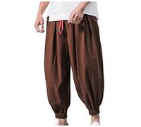 Men's Linen Trousers in Chinese Style, Lightweight Summer Trousers with Wide Leg, Kung Fu Trousers for Yoga and Leisure, Casual Tai Chi Trousers, 01-coffee, XXL