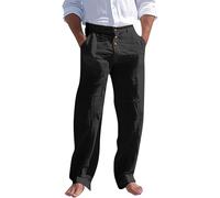 Mens Linen Trousers, Linen Pants Mens Button Up Fashion Solid Color Smart Trousers With Side Pockets Breathable Straight Leg Pants With Button Casual Loose Fit Long Bottoms Comfy Workout Outfit